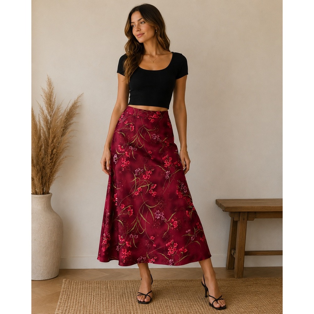 Kathie Lee Women's Red Floral Skirt Midi Length ALine Boho Romantic Garden Style